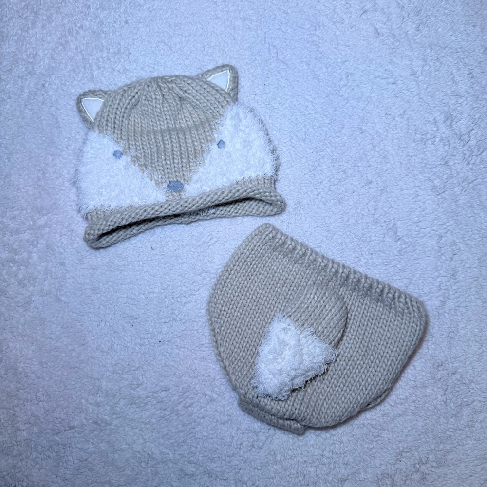 Kids Neutral Fox Knit Hat and Diaper Cover Set